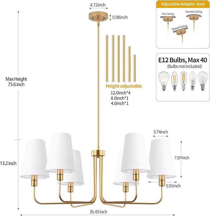 35.4in Gold Chandelier with Linen Fabric Shade 6-Light Modern Farmhouse Chandeliers for Dining Room Classic Island Lighting Adjustable Height Pendant Light for Dining Table Bedroom, E12