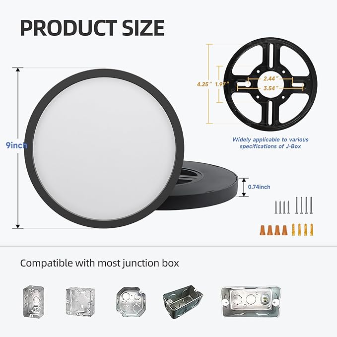 ECOELER LED Flush Mount Ceiling Light Fixture, 9inch Dimmable Round Ceiling Light, 24W 1800Lm, 5CCT Selectable Low Profile Slim Flat Panel Lights, ETL & FCC, Black