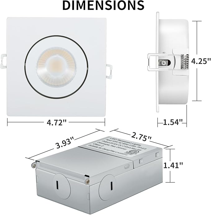 KnLnny Ware Square Gimbal Recessed Lighting 4 Inch 6 Pack,Eyeball Led Lights with Junction Box,5CCT Selectable,9W 750LM,Dimmable