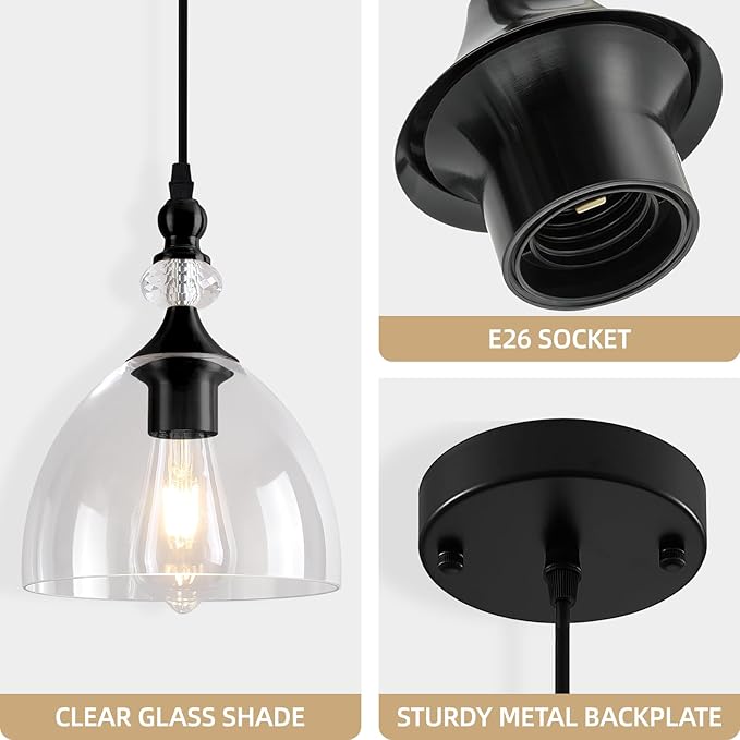 Pendant Ligh for Dining Room, Brushed Gold Pendant Light Kitchen Island, Modern Pendant Lights with Glass Shade for Living Room, Foyer, Bedroom, Hallway, Black/Clear, 2 Pack