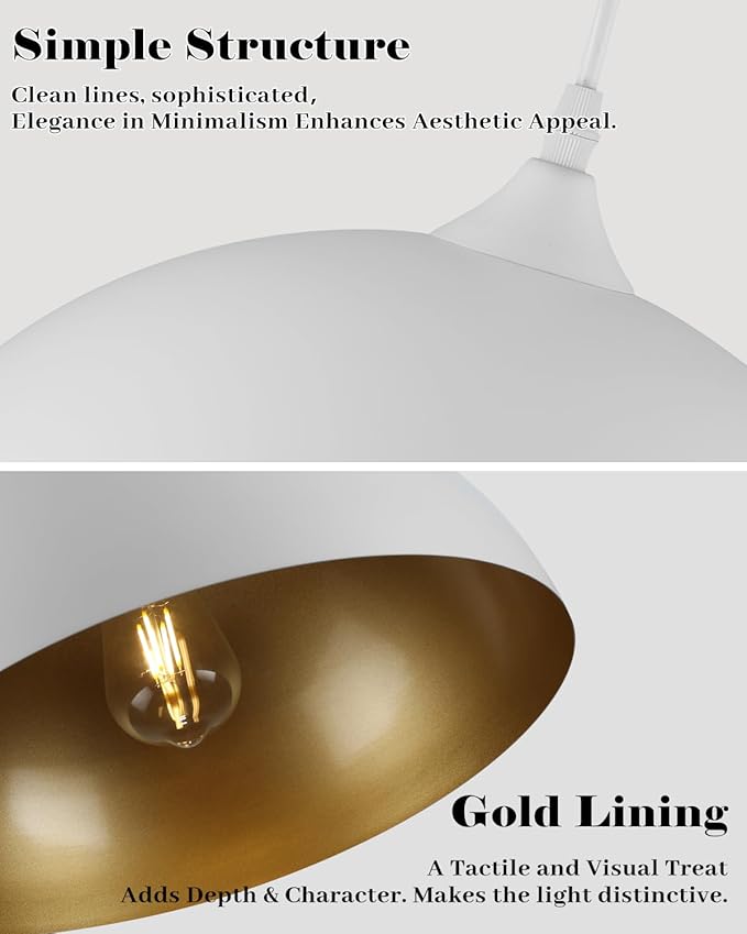 White Pendant Lights Kitchen Island 2 Pack, 14 Inch Large Dome Pendant Light, White and Gold Farmhouse Pendant Light, Island Pendant Lights for Kitchen, Dining Room