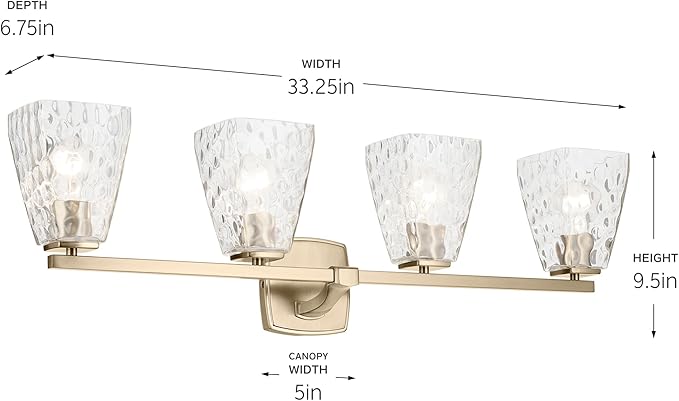 Kichler Marant 4-Light Bathroom Vanity Light Fixture with Clear Water Glass in Champagne Bronze for Over Mirror, Modern Wall Mount Lighting (33.25" x 9.5" x 6.75"), 55217CPZWTR