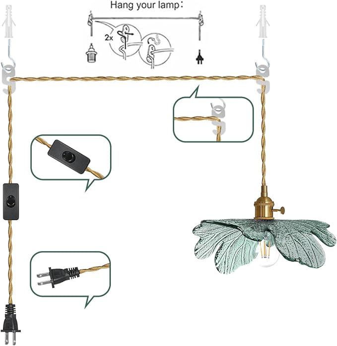 Plug in Hanging light 2 Pack , Modern Pendant Light Dark green Glass Shade 14.75ft Hanging Light with Plug in Cord Large glass pendant light Plug in Pendant Lighting for Kitchen Living Dining Room