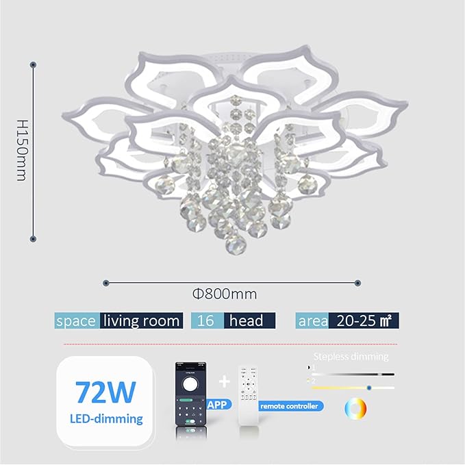 AHAWILL Modern Ceiling Light,Crystal Flush Mount LED Chandelier Ceiling Flower Lamp with Remote Control for Living Room,Bedroom,Hall,Dining Room,Etc.31.5″/72w/16 Heads…
