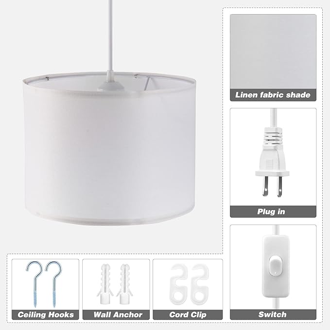 KUAUGST Plug in Pendant Light, 15 FT Hanging Lamp with Plug in Cord, On/Off Switch, Pendant Lighting with Fabric Shade, Hanging Light Fixture for Living Room, Bedroom, Dining Room, Kitchen (White)