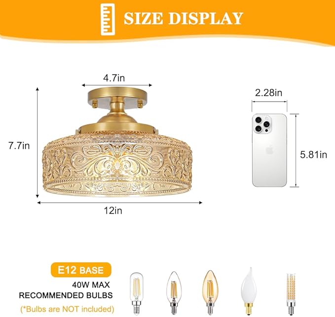 Gold Semi Flush Mount Ceiling Light, 3-Light Close to Ceiling Light with Amber Glass, Vintage Hallway Lights, Brass Closet Light Fixture, Kitchen Flush Ceiling Mount for Entryway Bedroom Bathroom,E12