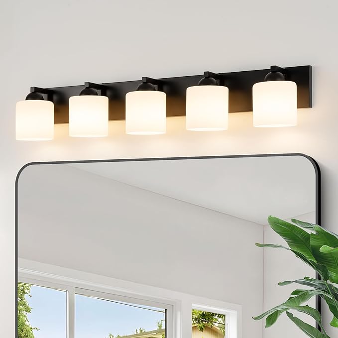 mirrea 38-Inch 5-Light Black Vanity Lights for Bathroom, Vanity Lighting Fixtures with Etched White Glass Shades