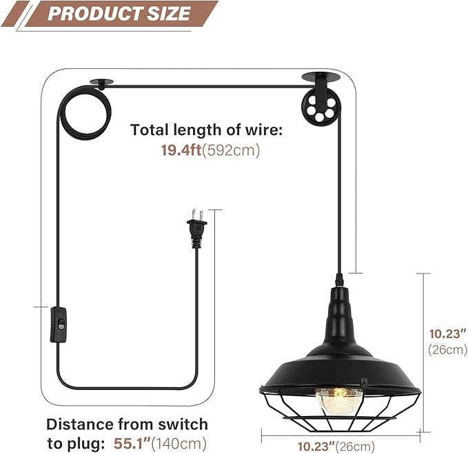 Farmhouse Black Metal Wire Cage Plug in Pulley Pendant Lights with 19.4ft Adjustable Cord On/Off Switch, Industrial Vintage Barn Hanging Ceiling Light for Kitchen Island Hallway Foyer (2 Pack)