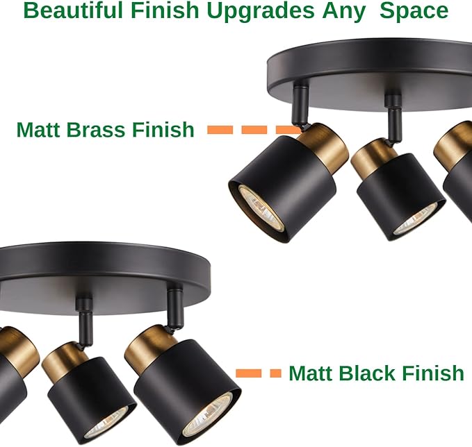 3 Light Track Lighting Kit, Matt Black Brass Finish Canopy with Moden Flush Mount Ceiling Spotlight for Kitchen,Dining,Living Room,Home Improvement