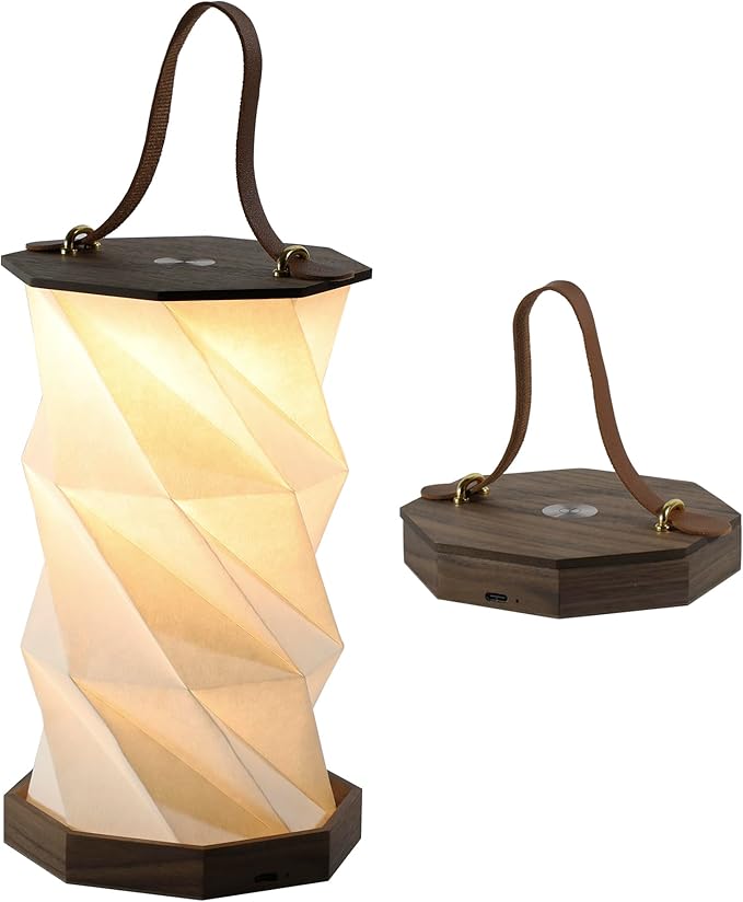 Ba sus Wooden Rotating Table Lamp, Warm Light Design with Leather Handle, Long Press Dimming Function, Built-in Battery & USB Rechargeable, Adjustable Heights for Bedroom, Living Room, Camping