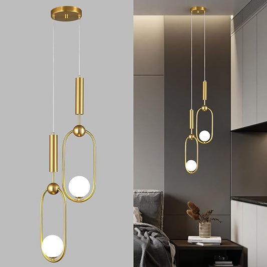 Modern Oblong Glass Pendant Light fixtures 2-Light, Simplicity Gold Pendant Lighting, Mid Century Chandelier for Kitchen Island Dining Room Bedroom Entryway Hallway(1-Pack)