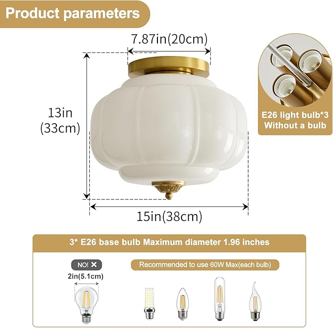 Milk Glass Ceiling Light Fixture 15 inch Semi Flush Mount Ceiling Light Mid Century Gold Modern Ceiling Lamp for Kitchen Dining Room Bedroom and Hallway(White) E26