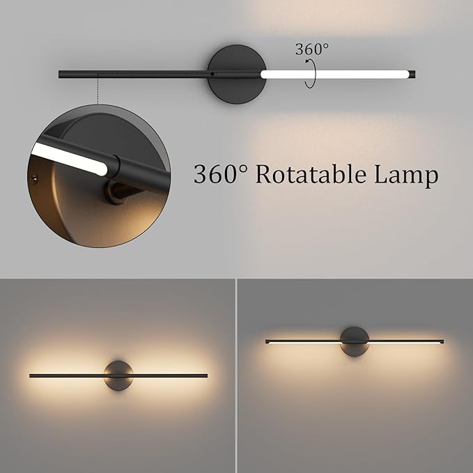 28In Black Wall Sconce Set of Two Hardwired 3000K LED Modern Wall Light Fixture 360° Rotatable for Living Room Hallway Bedroom(2 Pack)