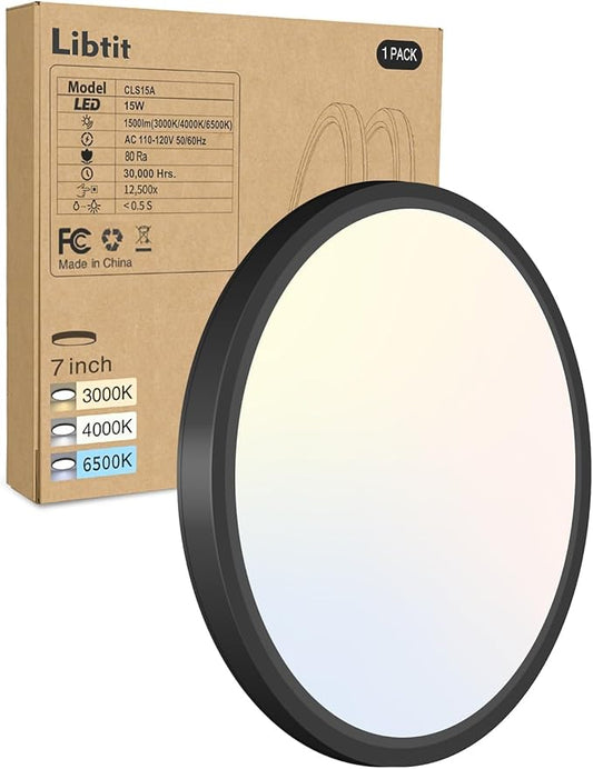 libtit Black Flush Mount Ceiling Light, 15W 1500Lm Thin Flat LED Lighting Fixture for Ceiling, 3000K-4000K-6500K & 7 Inch Modern Recessed Ceiling Lamp for Closet Kitchen Laundry Hallway