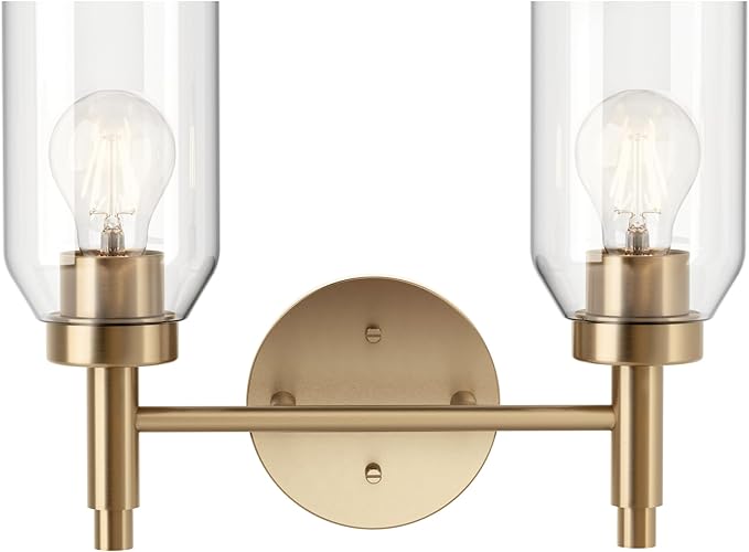 Kichler Madden 2-Light Bathroom Vanity Light Fixture with Clear Glass Shades, Modern Wall Mount Lighting in Champagne Bronze for Single or Double Vanity (10.5" x 14.25"), 55184CPZ