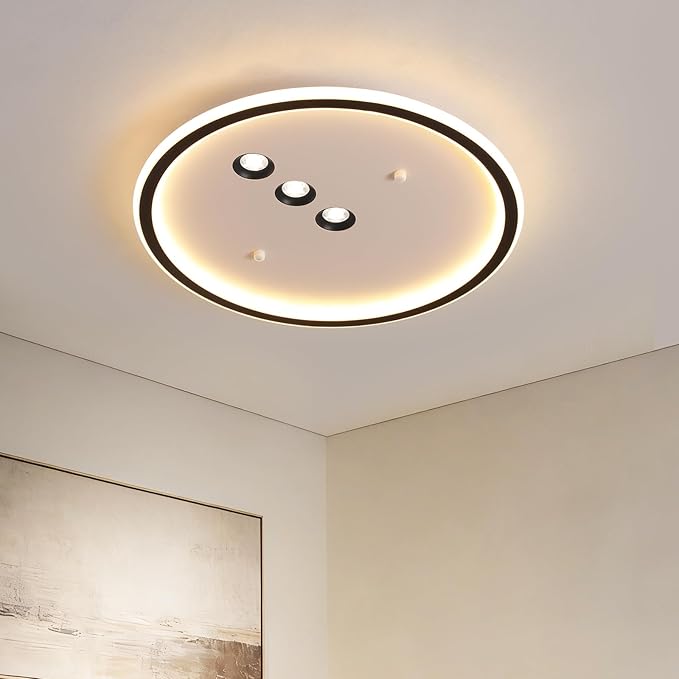 Modern Round LED Flush Mount Ceiling Light with Black Finish & 3 Adjustable Spotlights, Dimmable Soft Glow Ceiling Lighting for Living Room Bedroom Hallway