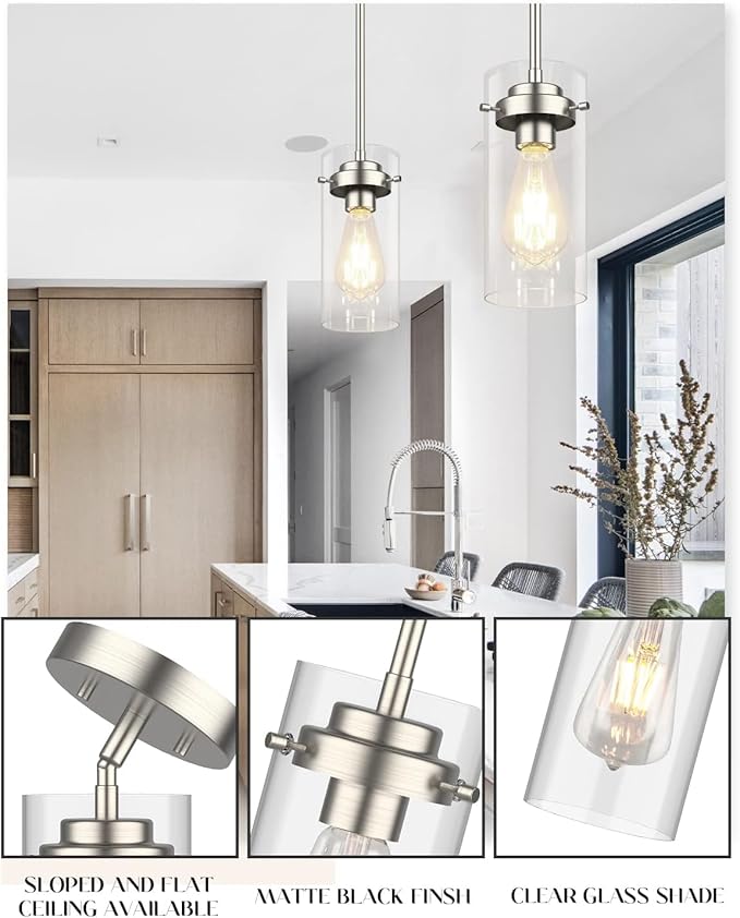 EAPUDUN Pendant Lights Kitchen Island (3 Pack), Clear Glass Shade Kitchen Lighting fixtures Ceiling Hanging, Black Pendant Lights for Kitchen Island,Dining Room,Corridor Bedroom E26 Base