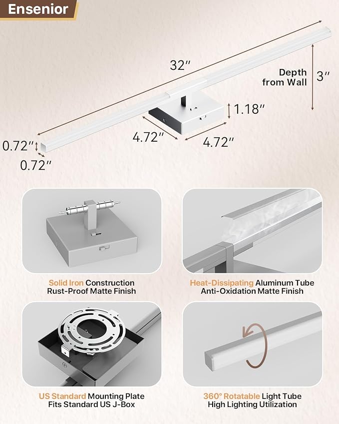 Ensenior Modern Bathroom Vanity Light 32 inch, Built-in Dimmer, 18.5W Dimmable 5CCT Led Bath Lights, Baked-on Matte Grey Vanity Lights for Bathroom Mirror Cabinets Bedroom-FCC & ETL Certificated