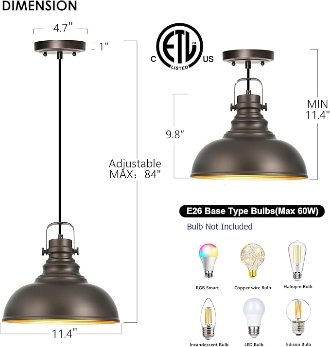 3 Packs Farmhouse Pendant Lights Kitchen Island Adjustable Pendant Light Fixtures Rustic Industrial Hanging Lamp,Oil Rubbed Bronze