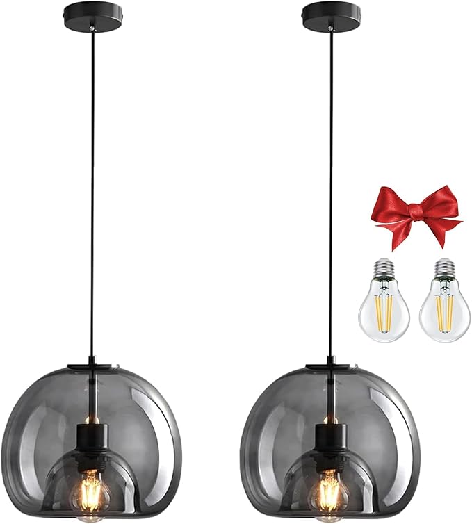 9.1in Large Smoke Glass Pendant Light for Kitchen Island, 2-Pack with Extra LED Bulbs & 4.92ft Adjustable Cord | Modern Minimalist Lighting for Dining Room, Living Room, Entryway