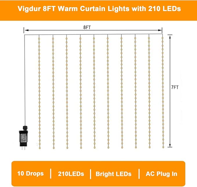 Vigdur Led Curtain String Lights, 8FT Window Fairy Lights for Bedroom with 210 Warm LEDs, Hanging Twinkle Indoor String Light for Party Wedding Garden Wall Decor(8 * 7ft)