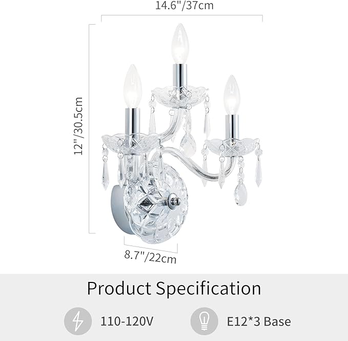 WUZUPS 3-Light Candle Vanity Wall Sconces Light Fixture for Bedroom Living Room Bathroom, E12 Base, Chrome