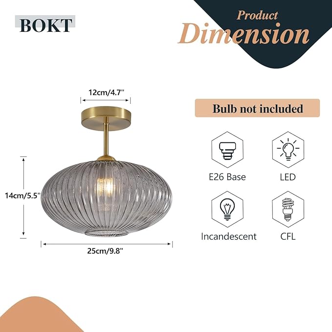 BOKT Smoke Gray Glass Modern Pendant Light Nursery Close to Ceiling Light Hallway Gold Semi Flush Mount Ceiling Light Fixture for Laundry, Schoolhouse, Stairway 9.8"