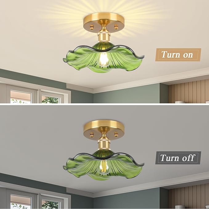 Semi Flush Mount Ceiling Light,Flower Hallway Vintage Lights Fixture Ceiling Green 8.8" Vintage Light Fixtures for Closet Hallway Kitchen Dining Room