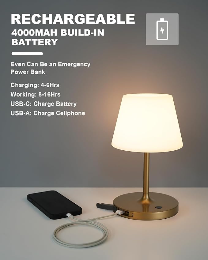WEILAILUX Outdoor Battery Operated Table Lamp Waterproof, 4000mAh Cordless Table Lamp Rechargeable, Touch Dimmable Desk Lamp, LED Night Light for Patio Camping Restaurant Home (Gold, 9.6in)