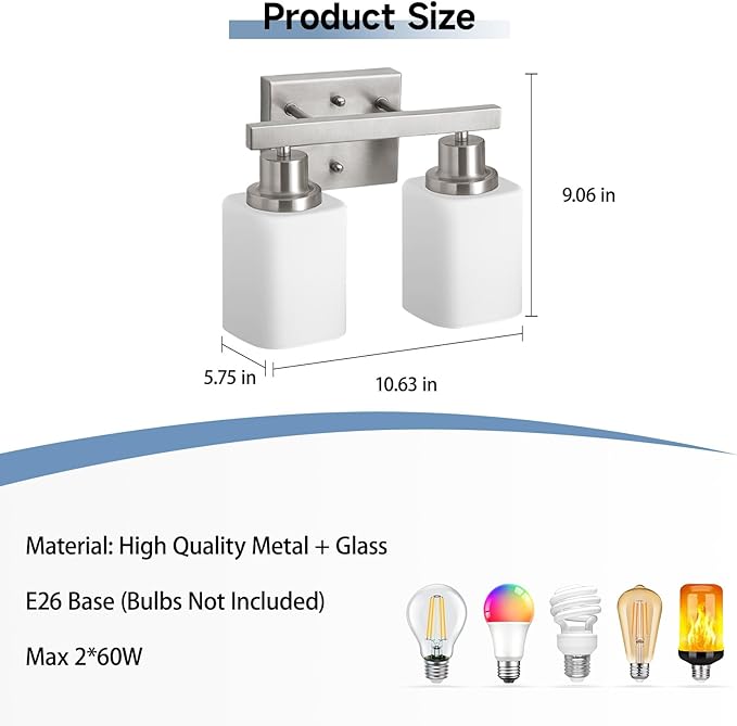 2 Light Brushed Nickel Vanity Light,Brushed Nickel Vanity Lights for Bathroom,Bathroom Light Fixtures Over Mirror,Wall Sconces for Living Room,Bedroom,Hallway(E26 Base)
