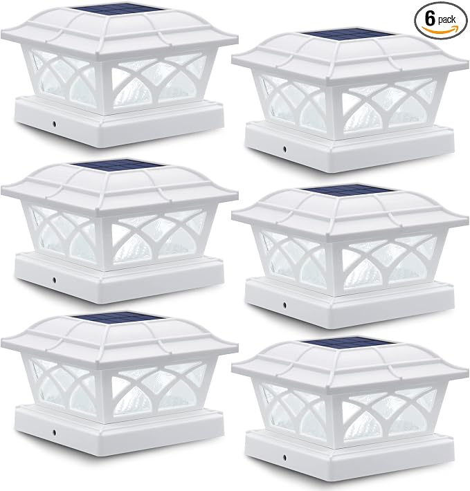 SIEDiNLAR Solar Post Cap Lights Outdoor Glass 2 Color Modes 8 LEDs for 4x4 5x5 6x6 Posts Fence Deck Patio Decoration Warm White & Cool White Lighting White (6 Pack)