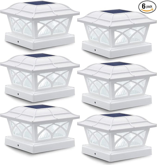 SIEDiNLAR Solar Post Cap Lights Outdoor Glass 2 Color Modes 8 LEDs for 4x4 5x5 6x6 Posts Fence Deck Patio Decoration Warm White & Cool White Lighting White (6 Pack)