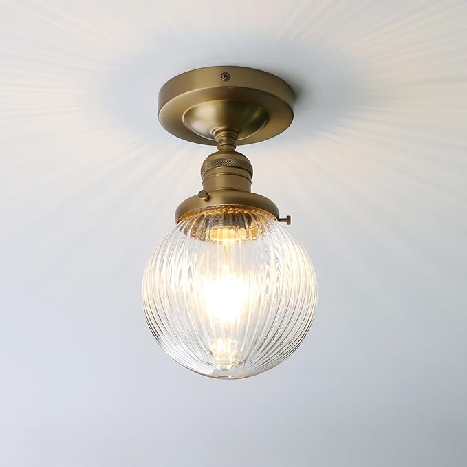 Pathson Modern Semi Flush Mount Ceiling Light Fixture with Striped Globe Glass Shade, Industrial Ceiling Lighting Lamp for Living Room Foyer Hallway Bedroom Over Kitchen Sink