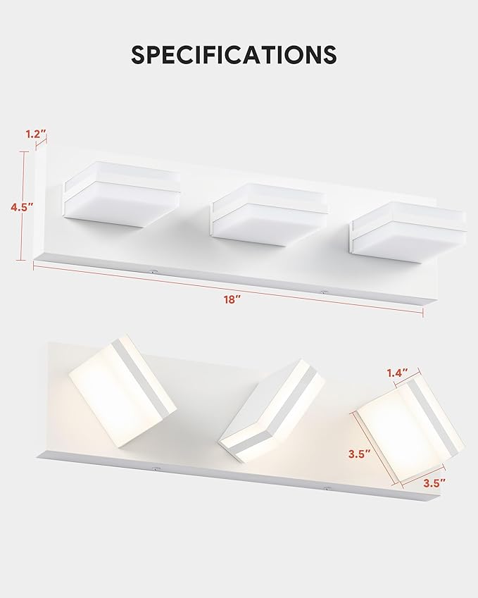 VONLUCE Bathroom Vanity Light Fixture, 3-Light Modern LED Vanity Lights, 3CCT Adjustable Bathroom Light with Memory Function Rotatable Shades, 18" Wall Lighting Fixture Over Mirror, Matte White