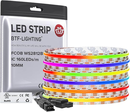 BTF-LIGHTING FCOB COB WS2812B IC RGB LED Strip DC5V 16.4FT Individual Addressable 160LED/m 800LEDs 800IC,UL Listed,Dream Color IP30 High Density Light 10mm Width for Decor(No Adapter or Controller)