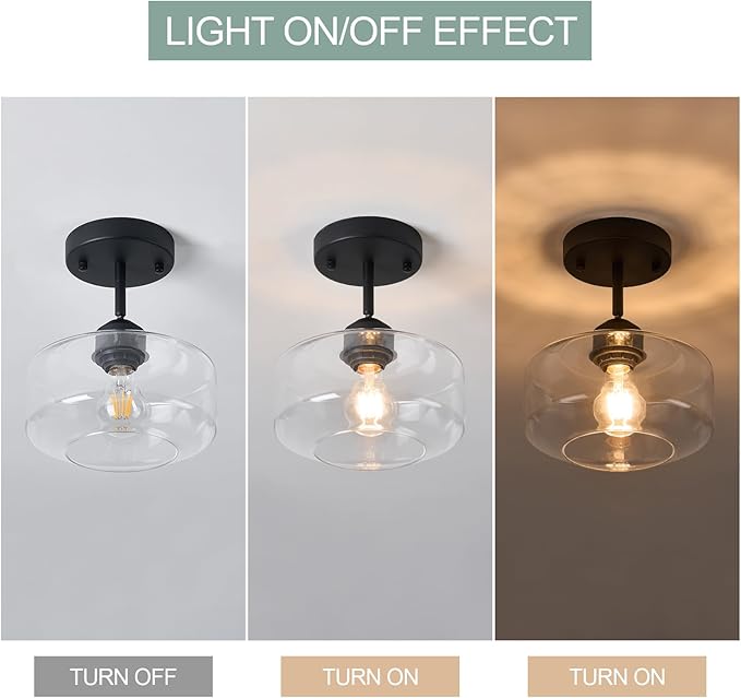 TeHenoo Matte Black Semi Flush Mount Light with Clear Glass Shade, Adjustable for Sloped Ceilings for Kitchen,Hallway,Living Room