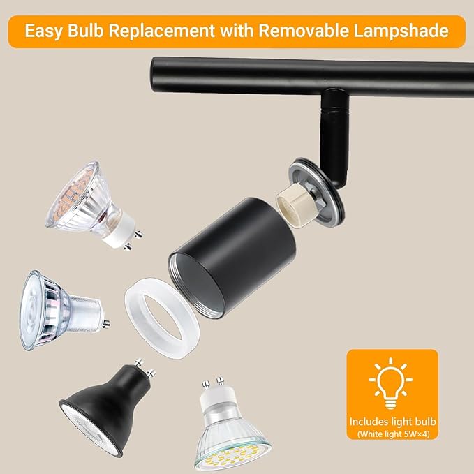 Plug in Track Lighting Kit, 80cm LED 4 Light Kitchen Track Lighting, Corded Wall Light with 16.4ft Cord, 4 Way Ceiling Spot Lighting Flexibly Rotatable Head Includes 4xGU10 Bulb (4 Black-Acrylic-80cm)