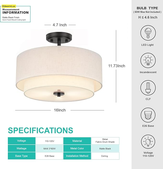 3-Light Semi Flush Mount Ceiling Light, 16" Drum Light with White Fabric Shade, Modern Close to Ceiling Lamp for Living Room Bedroom Dining Kitchen Hallway Entry (Matte Black)