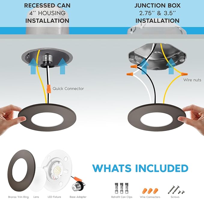 LUXRITE 3-4 Inch LED Flush Mount & Recessed Light, 7.5W, 5CCT 2700K-5000K, 650LM, Magnetic Trim, Dimmable Ceiling Can Light, Install to J-Box or 4 Inch Housing, Wet Rated, UL Listed, Bronze