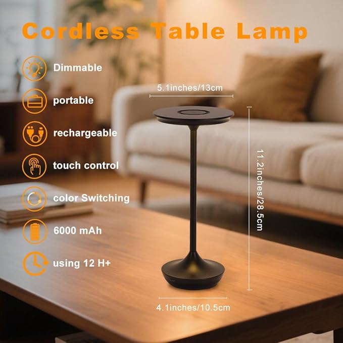 2 Pack Cordless Rechargeable Table Lamps, Portable 6000mAh Battery Desk Lamp Waterproof 3 Color Stepless Dimming Black LED Table Light with Memory Function for Outdoor/Dinning/Patio/Restaurant (2Pack)