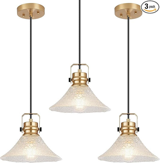 Glass Pendant Lights Kitchen Island 3 Pack Pendant Light Fixtures with Wave Glass Modern Adjustable Hanging Light for Kitchen Sink Dining Room Bedroom