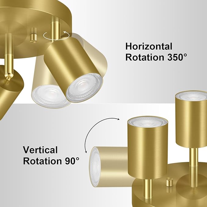 3 Light Track Lighting Fixtures Ceiling, Gold Round Directional Ceiling Spotlight, GU10 Flush Mount Track Fixture, Adjustable Modern LED Ceiling Lights for Kitchen/Living Room, Bulb Not Included
