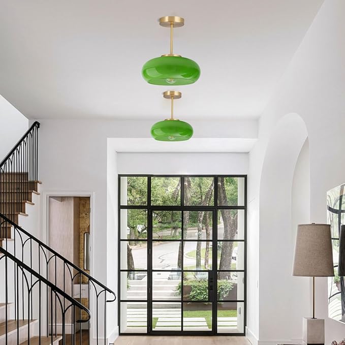 Green Glass Ceiling Light - Mid Century Modern Semi Flush Mount with Green Dome Glass Shade and Gold Brass Finish - Vintage Hallway Light Fixture Hallway Dining Room Kitchen Sink