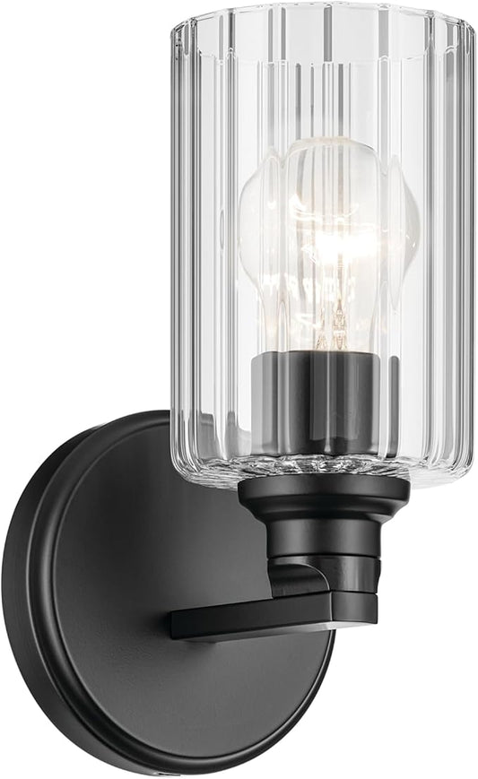 Kichler Gioe 5" 1-Light Wall Sconce Bathroom Light Fixture with Clear Fluted Glass in Black, Damp Rated for Powder Room, Kitchen, Hallway, Bedroom (5" W x 9.5" H), 55224BKFLU