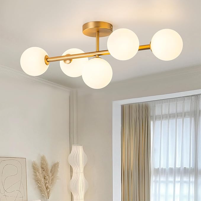 EDISLIVE 5-Light Semi Flush Mount Ceiling Light Frosted Globe, 26.4 in Modern Brass Sputnik Light Fixture Chandeliers with Milk Glass Shade Gold Finished
