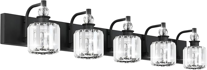 Ralbay Crystal Black Vanity Light Fixtures 5 Light Crystal Bathroom Light Fixtures Over Long Mirror Modern Matte Black Bath Wall Lights