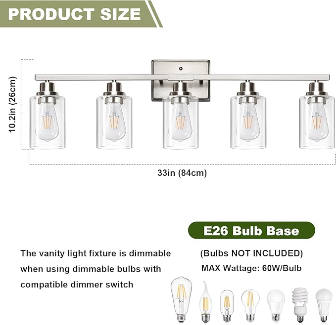 Unicozin Modern Bathroom Light Fixtures, 5 Light Vanity Lights Over Mirror, Brushed Nickel Wall Lamp with Clear Glass for Living Room Cabinet Bedroom Porch