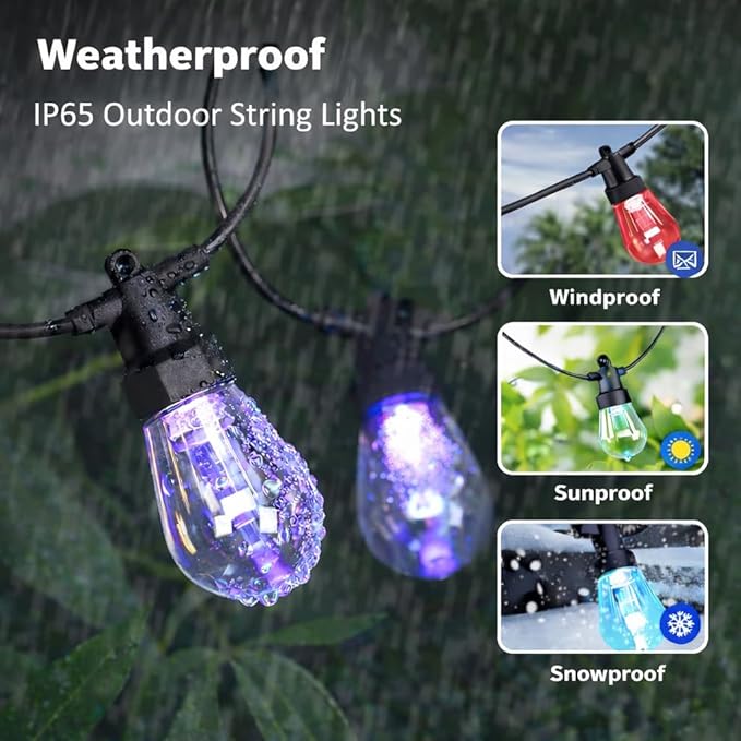 XHT Outdoor String Lights 49FT, Color Changing RGBW Patio String Lights with 15 LED Bulbs, App & Remote Control, IP66 Waterproof Shatterproof Backyard Lights