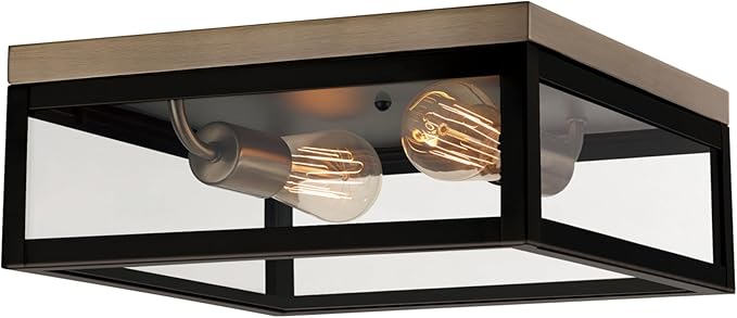 Globe Electric 65919 Verona 2-Light Flush Mount, Dark Bronze, Antique Brass Accents, 5 Clear Glass Panes, Bulb Not Included