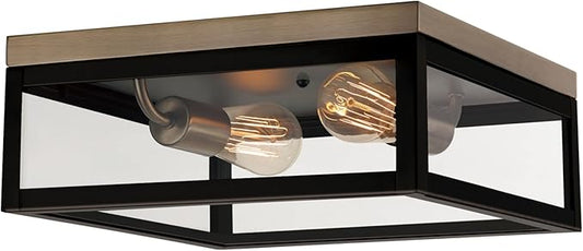 Globe Electric 65919 Verona 2-Light Flush Mount, Dark Bronze, Antique Brass Accents, 5 Clear Glass Panes, Bulb Not Included